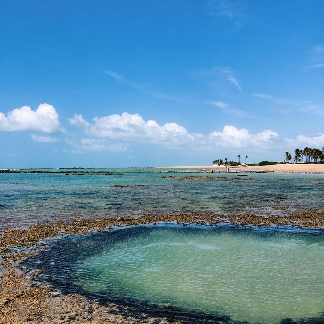Piscinas naturais de Paracuru com coqueiros ao fundo na maré seca